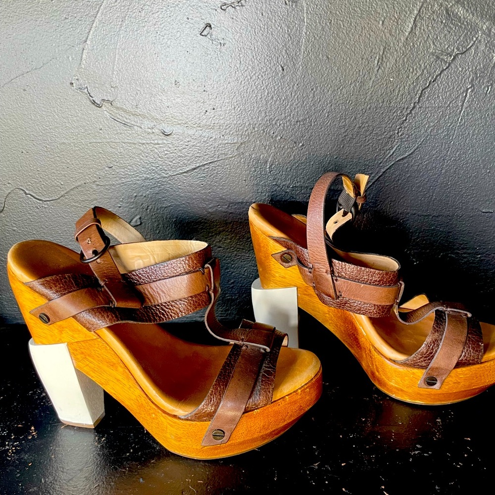 All Saints wooden and leather platform shoes .